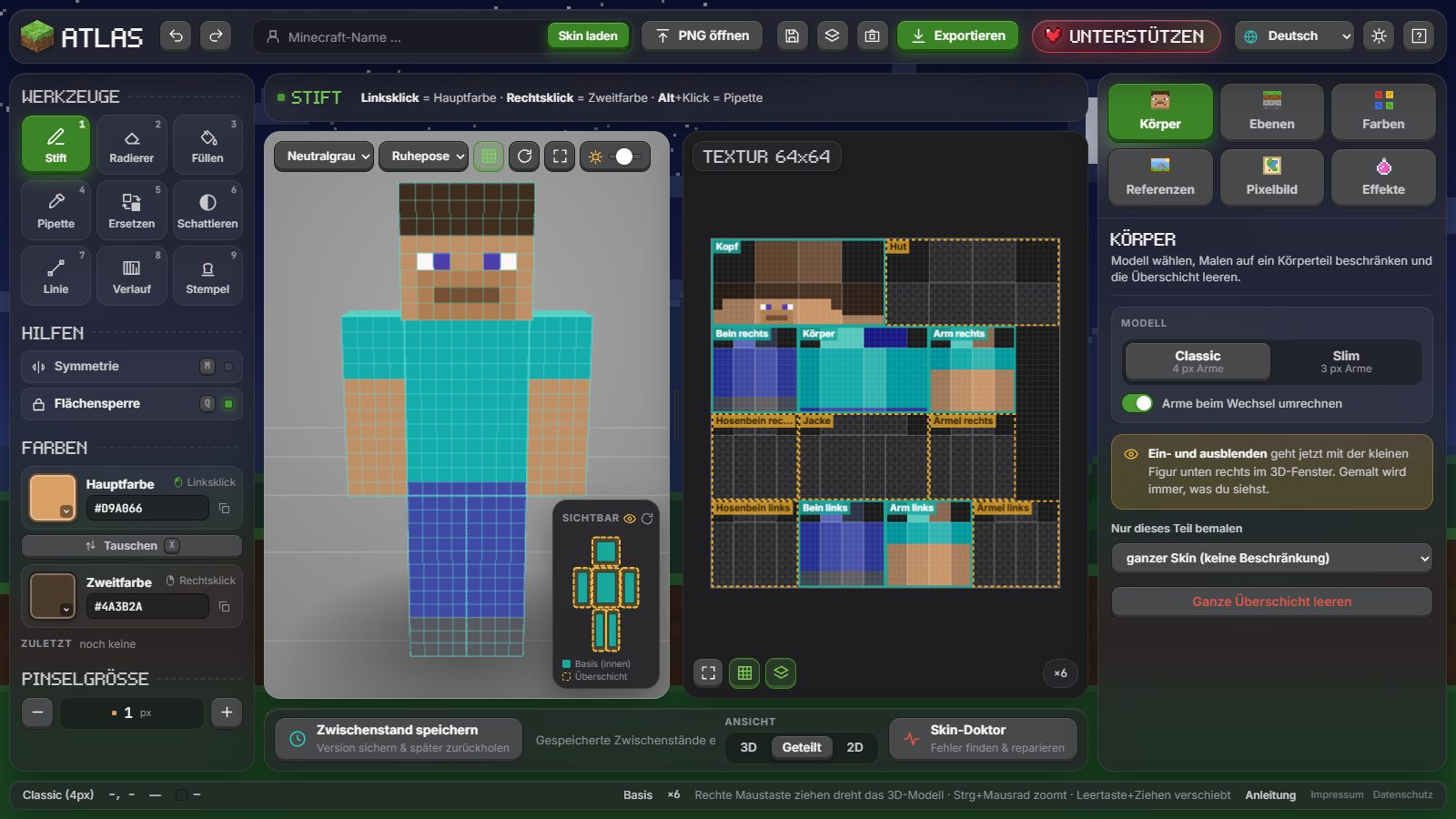 ATLAS Skin Studio: Minecraft Skin Editor mit Werkzeugen, 3D-Modell, 64×64-Textur und Reiter Körper